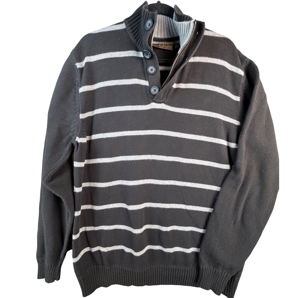 Sebastian Cooper Mens XL Black Gray Striped 1/4 Zip Button Mock Neck Sweater
